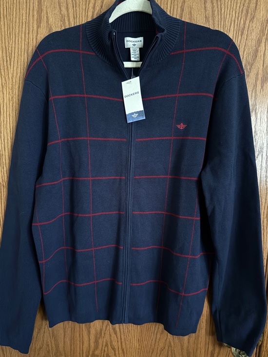 Dockers Other - Dockers Full Zip Navy Blue Sweater Milano Windowpane Mock Neck Men's Size Large